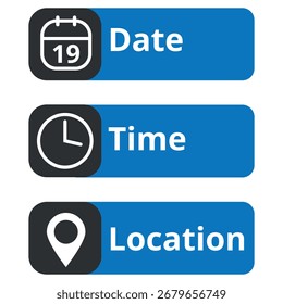 Ilustración vectorial de una colección de íconos de eventos que indican fecha, hora y ubicación. Icono plano con un día específico marcado, día 19.