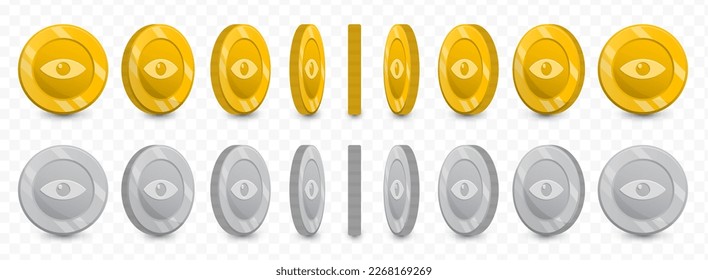 Vector illustration of a collection of Eye currency coins in gold colors and grayscale isolated on transparent background (PNG).