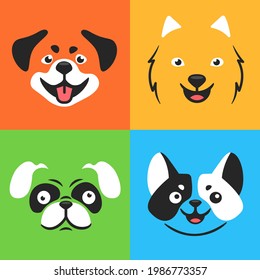 Vector illustration collection face of dogs in square for cut file print on T-shirt or on Cups and other. Doodle cartoon in pop art style.