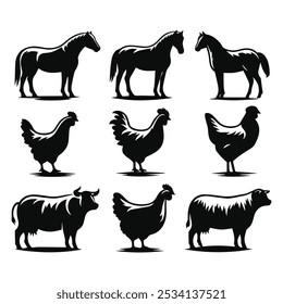 a vector illustration collection of farm animal silhouettes cow, horse, pig, chicken icon