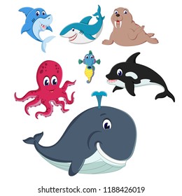 vector illustration of the collection of the fauna and animals in the sea with the different species