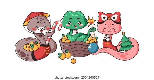 Vector illustration collection featuring endearing Kawaii snakes New Year Eve items. Oriental zodiac animals for 2025 illustrated on white background