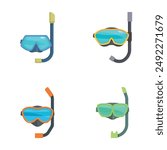 Vector illustration collection featuring four different designs of snorkeling masks and snorkels, isolated on white