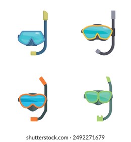 Vector illustration collection featuring four different designs of snorkeling masks and snorkels, isolated on white