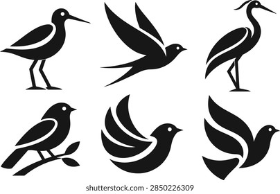 A vector illustration collection featuring six black and white silhouette bird logos in a clean, minimalist design style. The bundle contains diverse artistic concepts, including a standing long-beak sandpiper shorebird, a gliding swallow or swift bird in mid-flight, an elegant standing crane or heron with a head crest