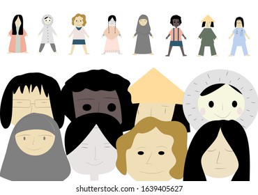 Vector illustration of collection of female of different ethic origins hand drawn full bodies and just heads 