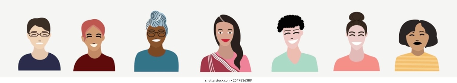 Ilustração vetorial de uma coleção de desenhos de personagens faciais femininos com diferentes características, como diferenças na cor da pele, comprimento do cabelo e roupas tradicionais.