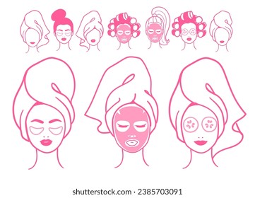 Vector illustration collection of female portraits with facial masks wrapped with hair towel in pink color