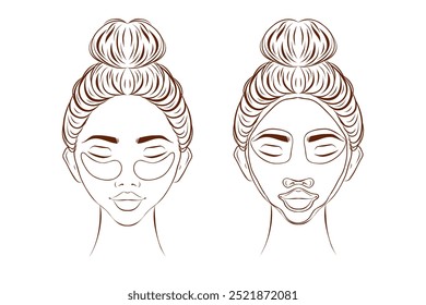 Vector illustration collection of female portraits with facial masks wrapped with hair towel

