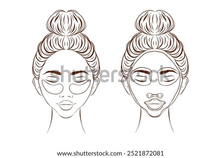 Vector illustration collection of female portraits with facial masks wrapped with hair towel

