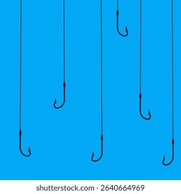 Vector illustration of a collection of fishing hooks of different sizes inserted into the water. Fish trap in the blue sea.
