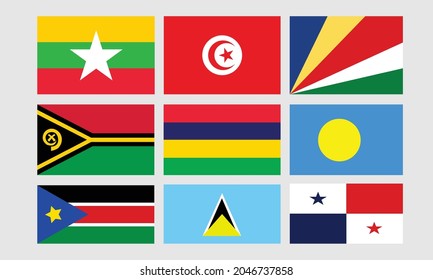 Vector illustration of a collection of flags consisting of flags of Panama, Myanmar, Tunisia, and several other countries.