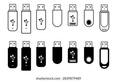 Vector illustration of a collection of flash drive icons with outline and black and white designs. A data storage device for transferring files. Computers, laptops, digital devices, documents, drives.