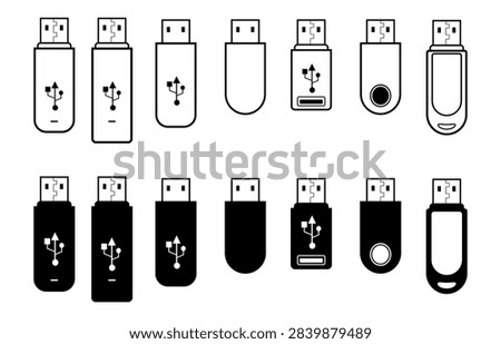 Vector illustration of a collection of flash drive icons with outline and black and white designs. A data storage device for transferring files. Computers, laptops, digital devices, documents, drives.