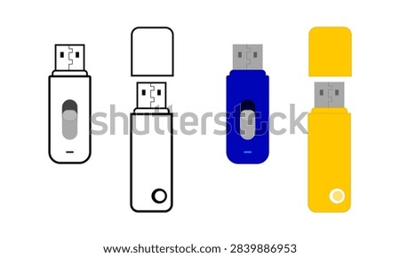 Vector illustration of a collection of flash drive icons featuring outline designs in blue and yellow. A data storage device for transferring files. Computers, laptops, digital devices, documents, drives.