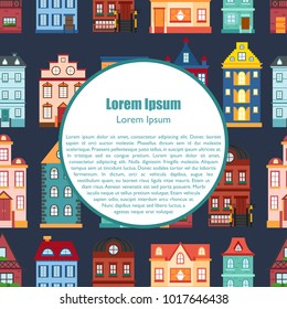 Vector illustration with collection of flat cartoon houses for city or town design. Urban landscape background. Set of exterior facade buildings. Colorful old, retro and modern houses icon