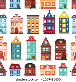 Vector illustration with collection of flat cartoon houses for city or town design. Urban landscape background. Set of exterior facade buildings. Colorful old, retro and modern houses icon