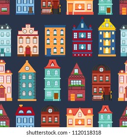 Vector illustration with collection of flat cartoon houses for city or town design. Urban landscape background. Set of exterior facade buildings. Colorful old, retro and modern houses icon