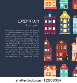 Vector illustration with collection of flat cartoon houses for city or town design. Urban landscape background. Set of exterior facade buildings. Colorful old, retro and modern houses icon