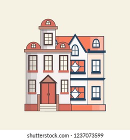 Vector illustration with collection of flat cartoon line houses. City, town design. Urban landscape background. Set of exterior facade buildings. Colorful old, retro and modern front view houses icon