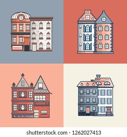 Vector illustration with collection of flat cartoon line houses. City, town design. Urban landscape background. Set of exterior facade buildings. Colorful old, retro and modern front view houses icon