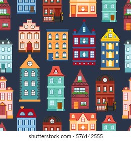 Vector illustration with collection of flat cartoon houses for city or town design. Urban landscape background. Set of exterior facade buildings. Colorful old, retro and modern houses icon