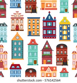 Ilustración vectorial con colección de caricaturas planas para el diseño de ciudad o ciudad. Antecedentes urbanos. Conjunto de edificios exteriores de fachada. Coloridas casas antiguas, retro y modernas icono