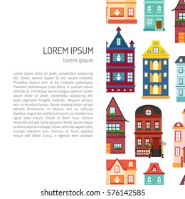 Vector illustration with collection of flat cartoon houses for city or town design. Urban landscape background. Set of exterior facade buildings. Colorful old, retro and modern houses icon