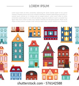 Vector illustration with collection of flat cartoon houses for city or town design. Urban landscape background. Set of exterior facade buildings. Colorful old, retro and modern houses icon