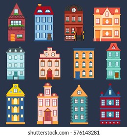 Vector illustration with collection of flat cartoon houses for city or town design. Urban landscape background. Set of exterior facade buildings. Colorful old, retro and modern houses icon