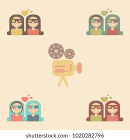 Vector illustration Collection in flat style girls at the Cinema theater in 3D glasses
