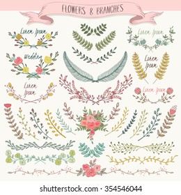 Vector illustration of a collection of floral borders. A set of beautiful flowers and branches for wedding invitations and birthday cards