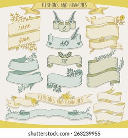 Vector illustration of a collection of floral ribbons and branches for wedding invitations and birthday cards