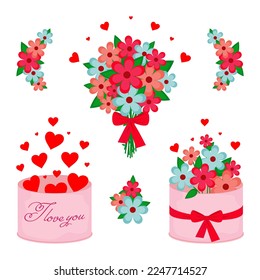 Vector illustration. Collection. Flowers in a box. Bouquet of flowers Congratulations on valentine's day. Present