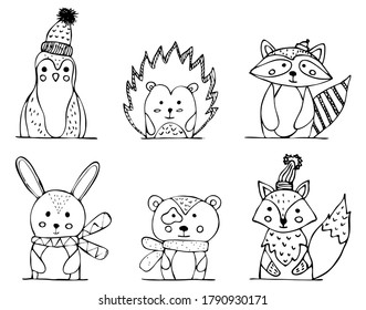 Vector illustration collection of forest animals in scandi style drawn by hand. Baby, cute animals hare and bear, as well as fox, hedgehog raccoon and penguin doodles