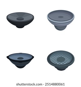 Vector illustration of a collection of four unique speaker cones with different designs, isolated on a white background