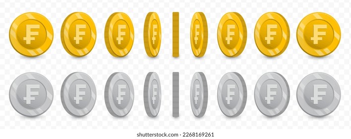 Ilustración vectorial de una colección de monedas en francos en oro y escala de grises aislados en fondo transparente (PNG).