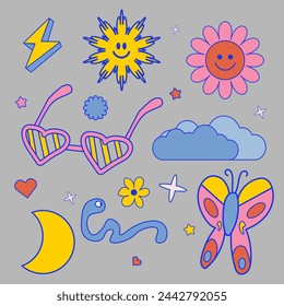 Vector illustration. Collection of funny, colorful stickers, sun, sunglasses, clouds, butterfly, moon in cartoon, y2k, trendy retro art style. Spring. Concept of nostalgic vintage art.