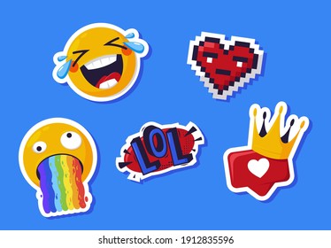 Vector illustration of a collection of funny cool emoji stickers, lol, like with crown, pixel heart