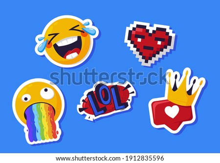 Vector illustration of a collection of funny cool emoji stickers, lol, like with crown, pixel heart