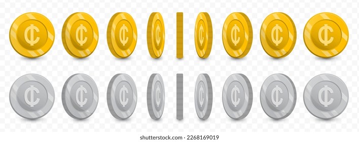 Vector illustration of a collection of Ghanaian cedi currency coins in gold colors and grayscale isolated on transparent background (PNG).