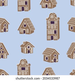 Vector illustration collection of gingerbread houses. Cute naive christmas honey-cakes. Seamless pattern