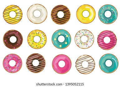 Vector illustration with collection of glazed realistic donuts. Isolated colorful donuts on the white background.