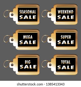 Vector illustration of a collection of gold square tags with inscriptions of sales. Inscriptions: mega, big, super, best, total sales.