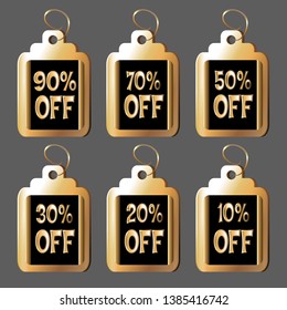 Vector illustration of a collection of gold square tags with inscriptions of sales. 10%, 20%, 30%, 50%,70%, 90% off. Vector illustration.