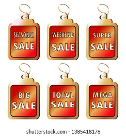 
Vector illustration of a collection of gold square tags with red lettering sales. Inscriptions: mega, big, super, best, total sales.