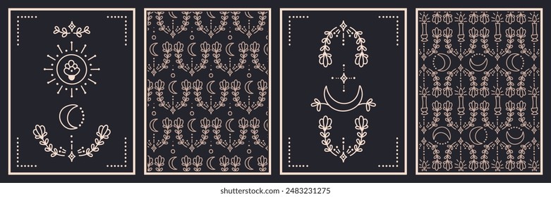Vector illustration collection with golden magic elements, esoteric astrology mystery ornament with moon, star, floral patterns isolated on dark background.