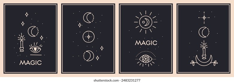 Vector illustration collection with golden magic elements, esoteric astrology mystery ornament with moon, star, sun isolated on dark background.