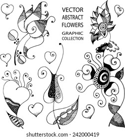 Vector illustration - collection of graphic abstract flowers and hearts