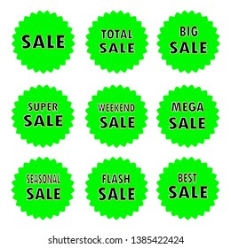 Vector illustration of a collection of green tags with inscriptions on sales. 